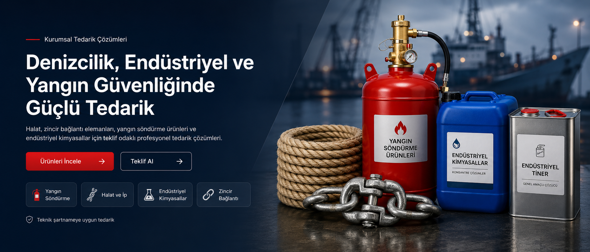 MY Tedarik ürünleri: yangın söndürme tüpü, endüstriyel kimyasal, tiner, halat ve zincir